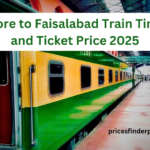 Lahore to Faisalabad train timing and ticket prices 2025 with a green and yellow train at a station.